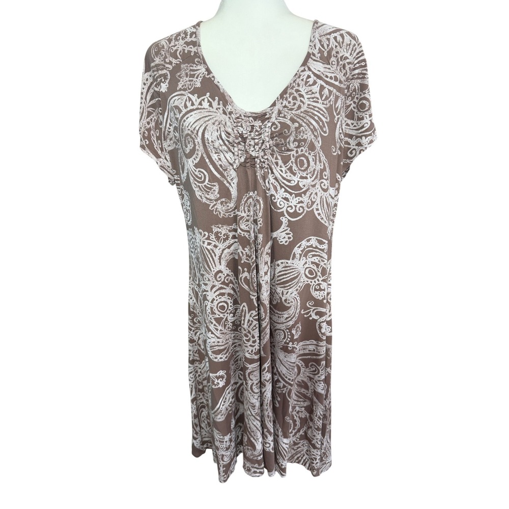 Fresh Produce Dress Women 1X Brown Paisley Short Sleeve V-Neck Casual Shift Boho